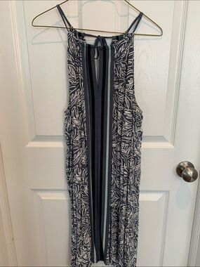 LOFT Navy and White Printed Dress with Aqua Stripe Large